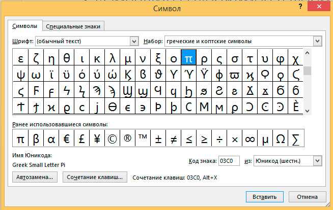 Использование панели символов