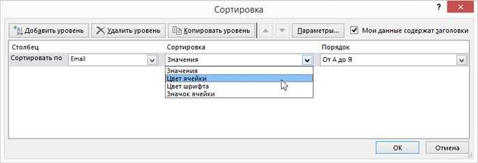 Применение сортировки к данным в таблице